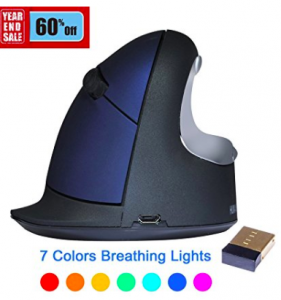 ev. Wireless Ergonomic Vertical Mouse, Rechargeable Laser Ergo Gaming Mice with Adjustable DPI 500/1000/1800/2500 for Laptops and PC, 7 Colors Breathing Light - 6 Buttons, Small Blue, Right Hand